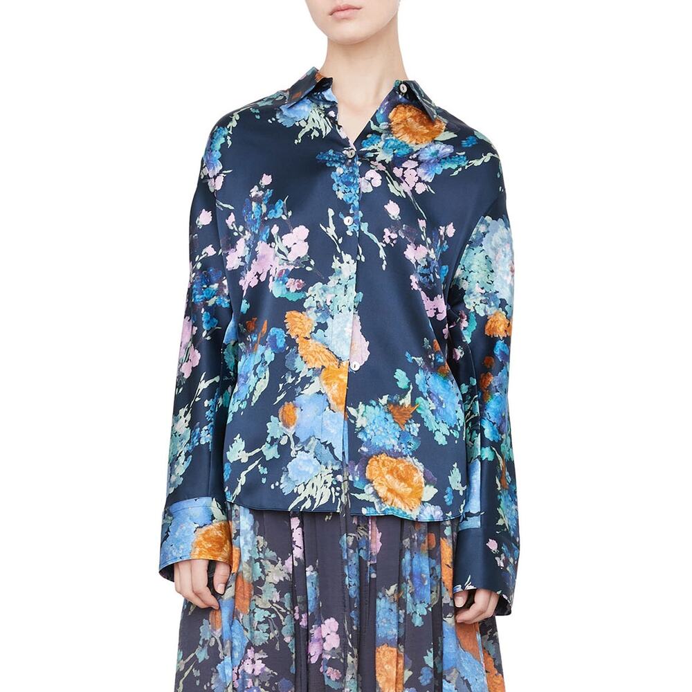 Vince Painted 'Bouquet' Long Sleeve Silk Floral Print Button-Up Shirt Size S